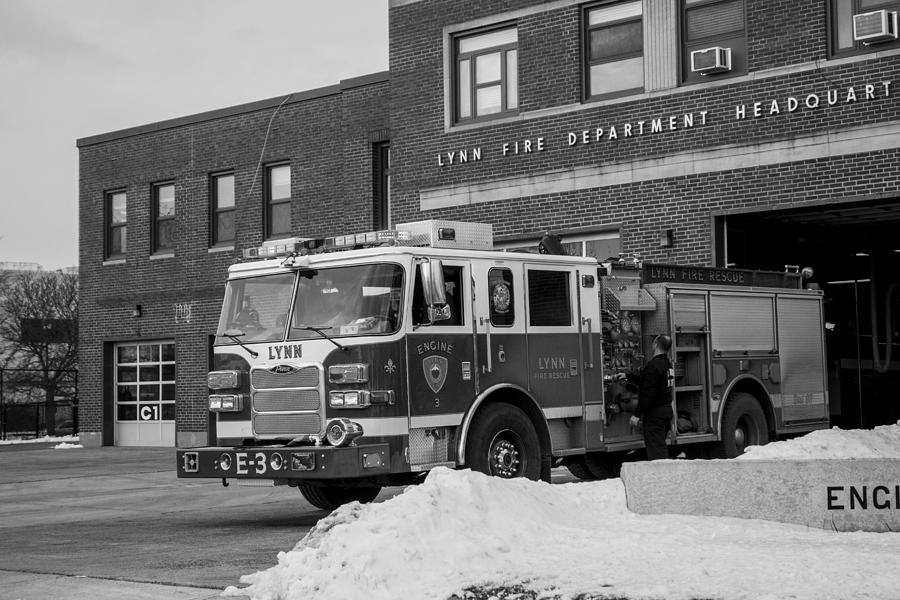 Lynn MA Fire Truck Fire Station Black and White Photograph by Toby McGuire