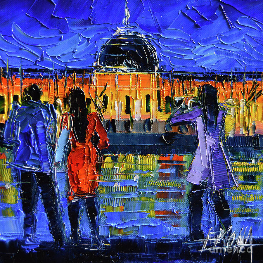 LYON SIGHTSEEING BY NIGHT impressionist modern palette knife oil painting Painting by Mona Edulesco