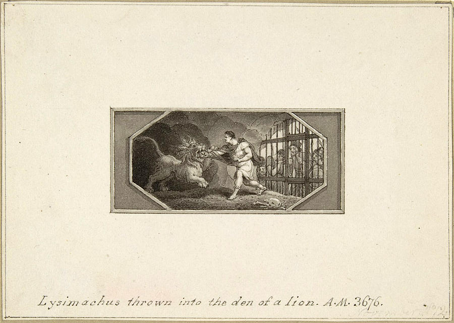 Lysimachus thrown into the Den of a Lion Drawing by Edward Francis Burney
