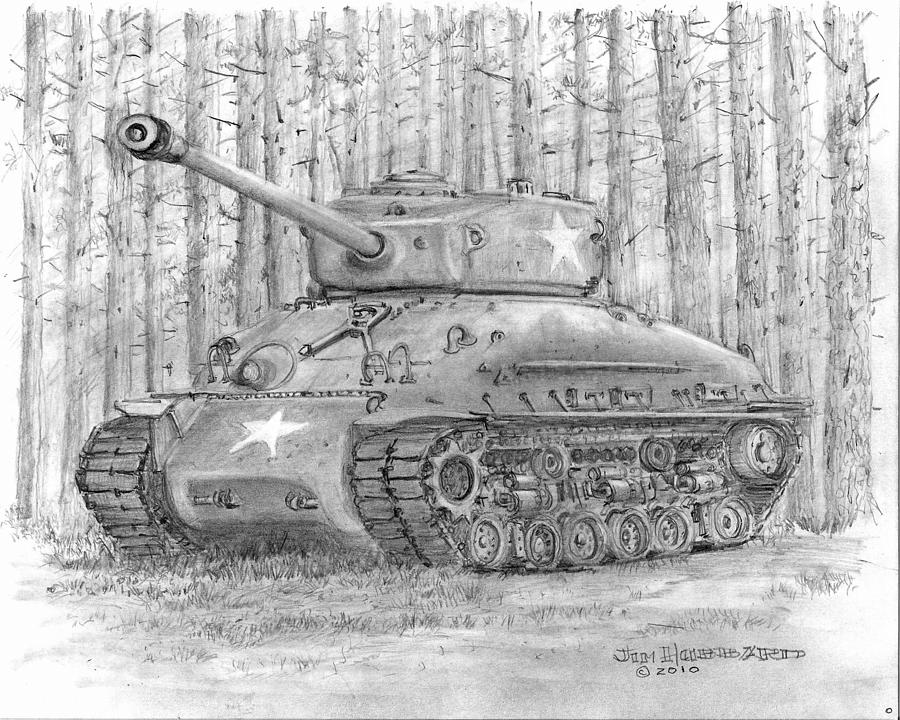 M-4 Sherman Tank Drawing by Jim Hubbard.