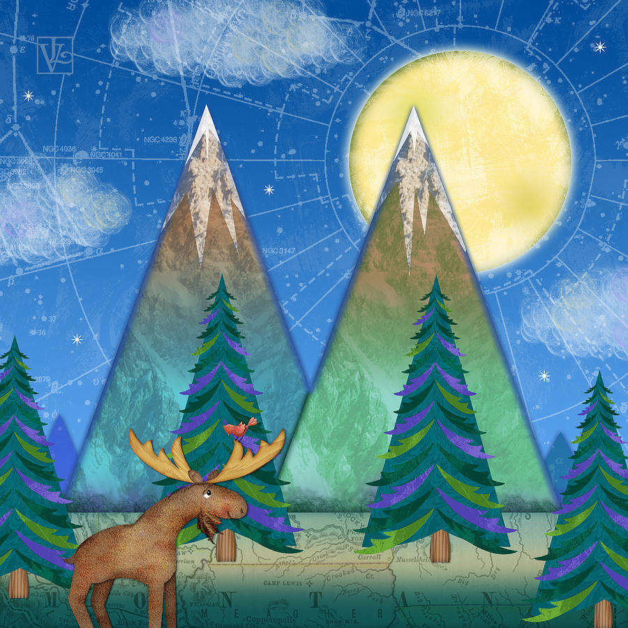 Mountain Digital Art - M is for Mountains and Moon by Valerie Drake Lesiak
