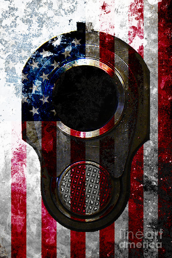 M1911 Colt 45 Muzzle and American Flag on Distressed Metal Sheet Digital Art by M L C