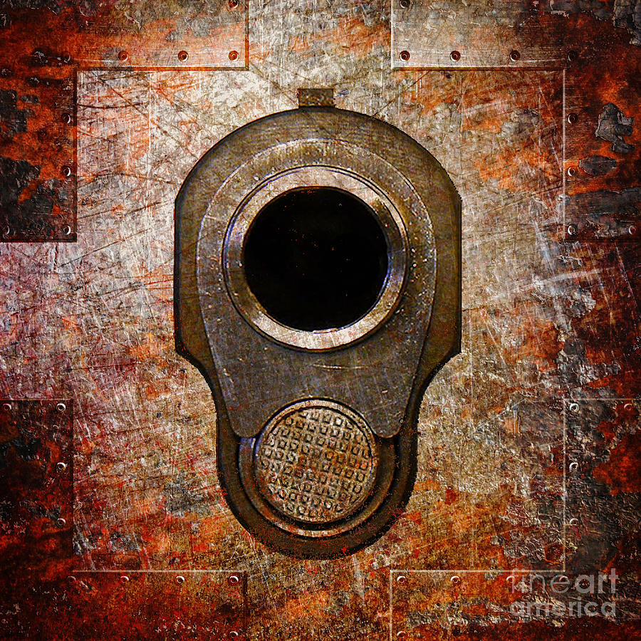 M1911 Muzzle on Rusted Riveted Metal Digital Art by Fred Ber