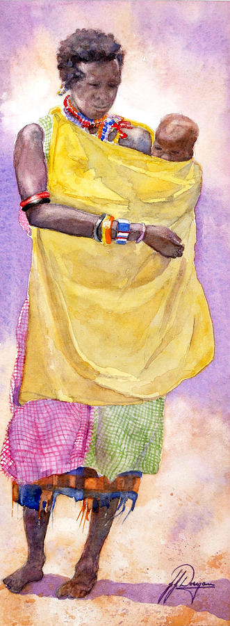 Watercolor Painting - Maasai Mother and Child - Kenya by John Dougan