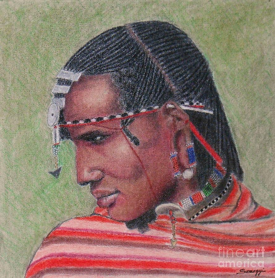 Maasai Warrior II -- Portrait of African Tribal Man Pastel by Jayne Somogy
