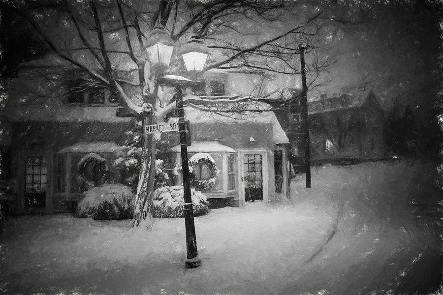 Mablehead Market Square Snowstorm Old Town Evening Black and White Painterly Photograph by Toby McGuire