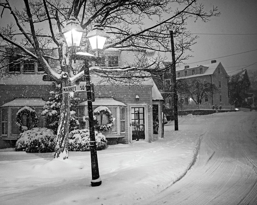 Mablehead Market Square Snowstorm Old Town Evening Black and White Photograph by Toby McGuire