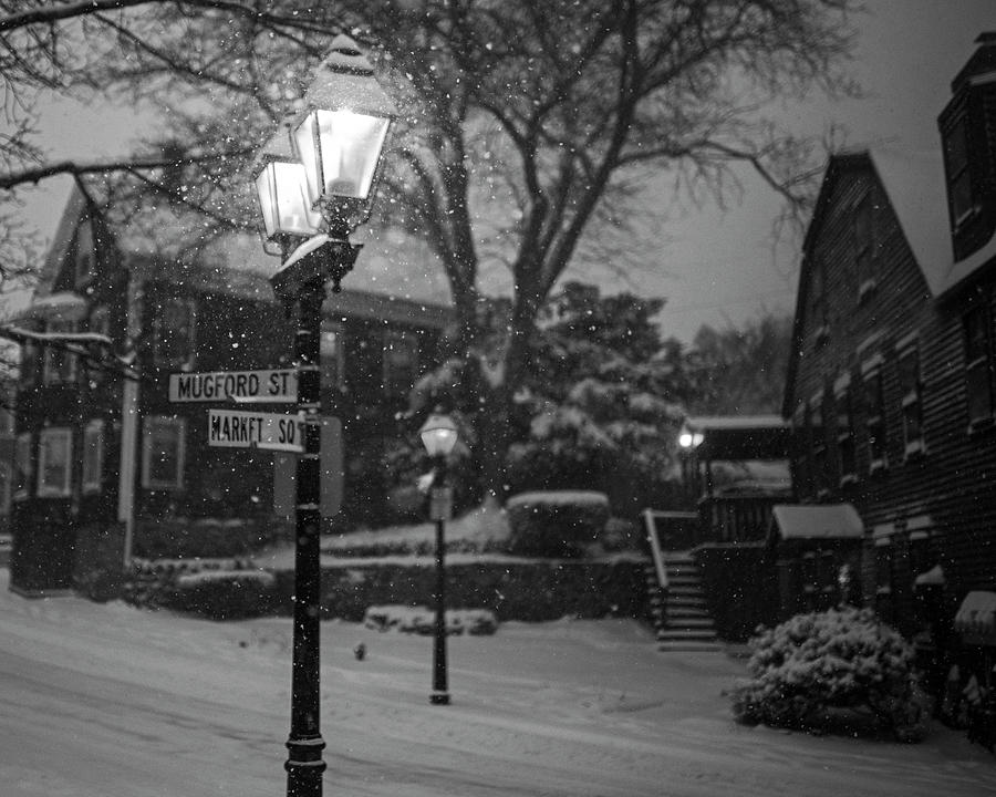 Mablehead Market Square Snowstorm Old Town Lanterns Black and White Photograph by Toby McGuire