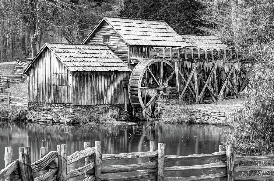Black And White Photograph - Mabry Mill Black and White - Blue Ridge Parkway by Gregory Ballos