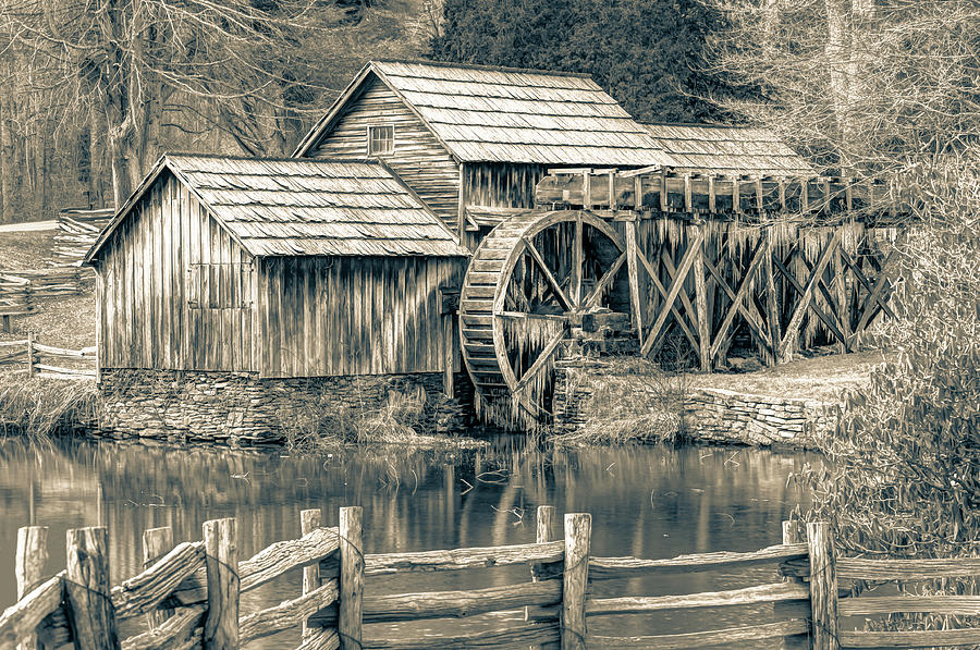 Mabry Mill Photograph - Mabry Mill in Vintage Sepia - Virginia by Gregory Ballos