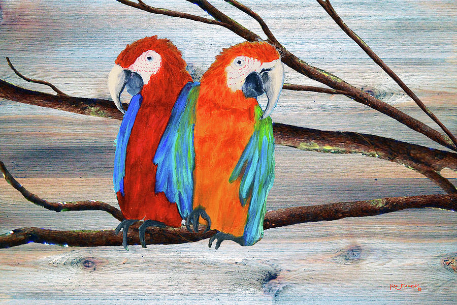 Macaw Parrots Rustic Background Mixed Media by Ken Figurski