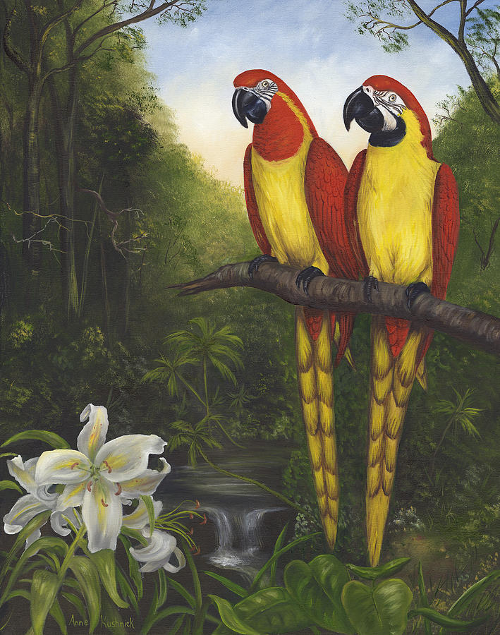 Landscape Painting - Macaws and Lillies by Anne Kushnick Landscape Painting - Macaws and Lillies by Anne Kushnick