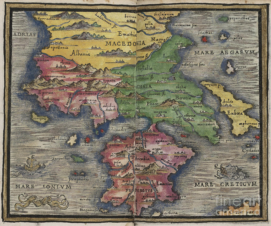 Macedonia and Greece map by Johannes Honter 1542 Photograph by Rick Bures