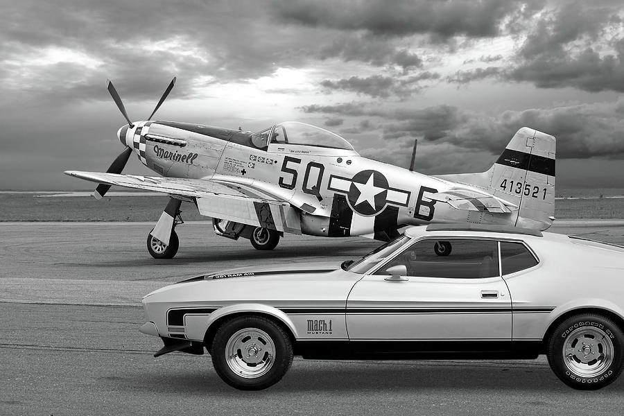 Mach 1 Mustang With p51 in Black and White Photograph by Gill Billington