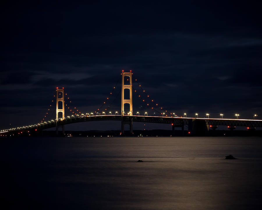 Bridge Photograph - Mackinac Bridge at Night by Larry Carr