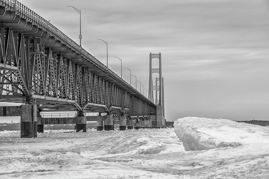 Mackinac Bridge Icy Black and White  Photograph by John McGraw