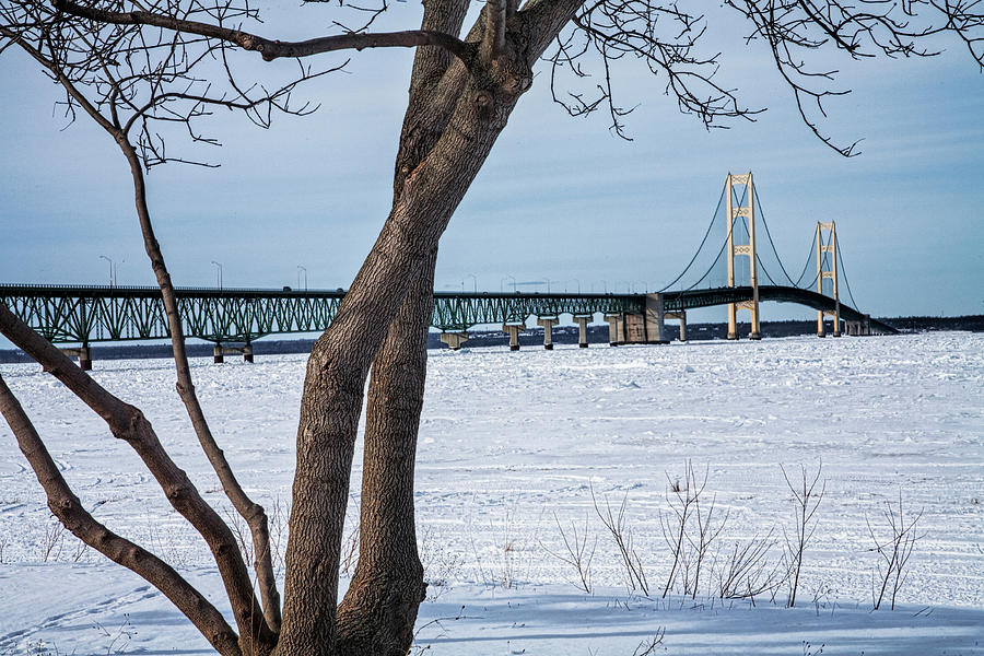 Mackinaw Bridge by the Straits of Mackinac in Winter Photograph by Randall Nyhof