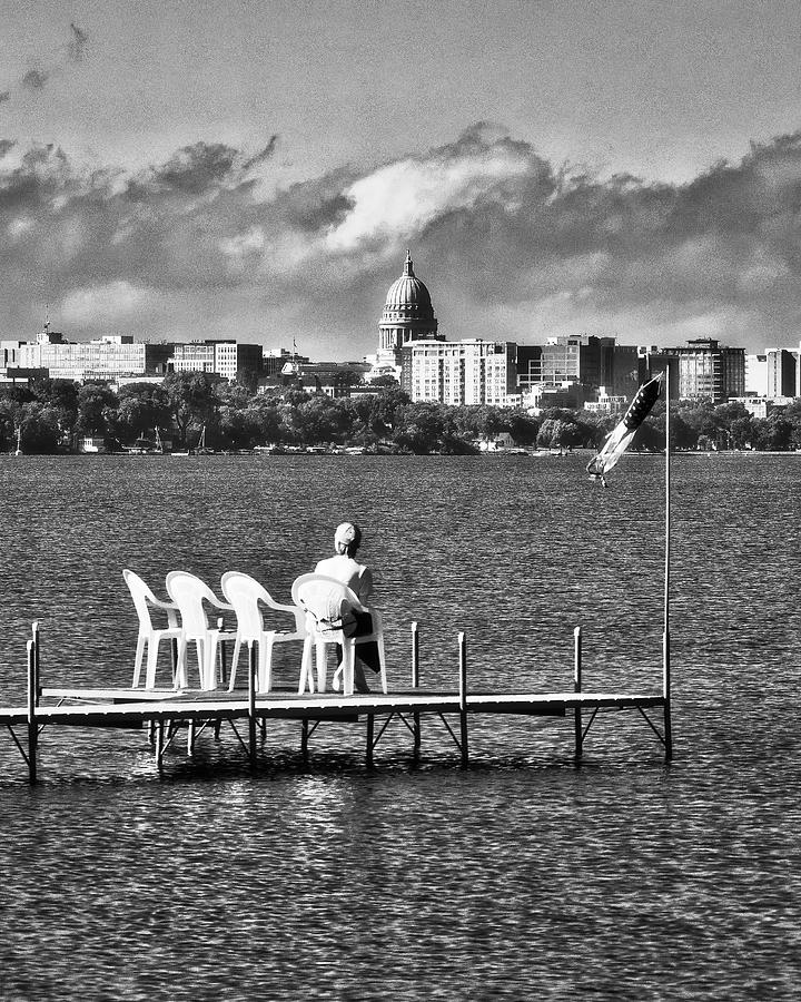 Madison Capitol across Lake Mendota - black AND WHITE Photograph by Steven Ralser