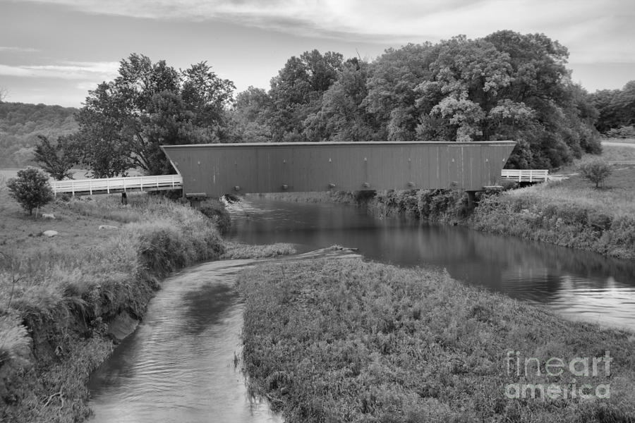Madison County Covered Bridge Landscape Black And White Photograph by Adam Jewell