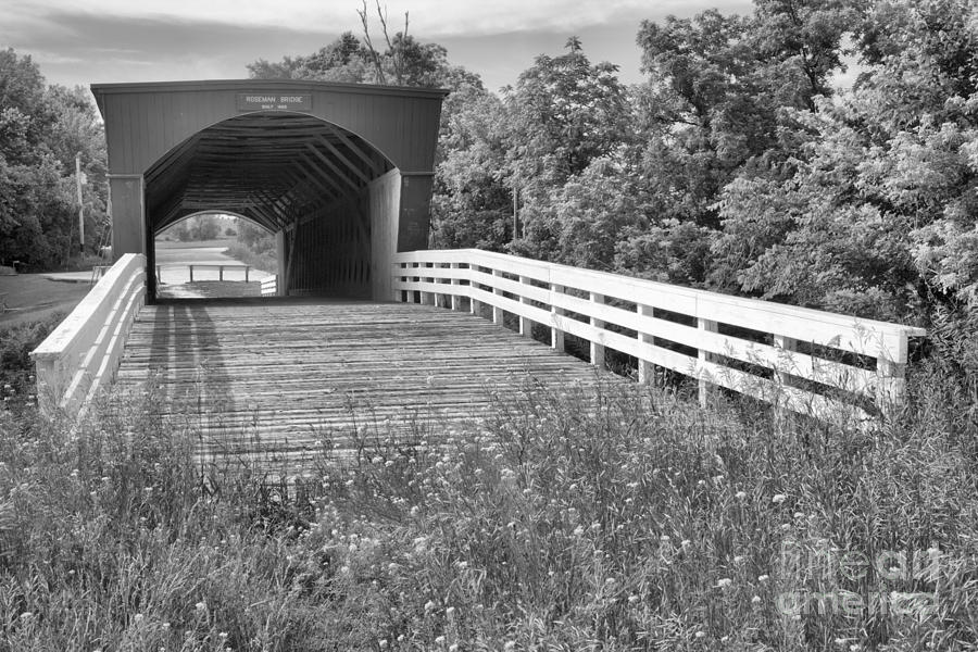 Madison County Roseman Covered Bridge Black And White Photograph by Adam Jewell