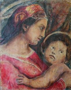 Red Dress Painting - Madonna And Child   In Profile    Based On Work On By Raphael by Judy Loper