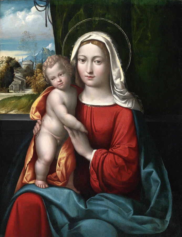 Madonna and Child before a curtain a mountainous landscape beyond Painting by Benvenuto Tisi