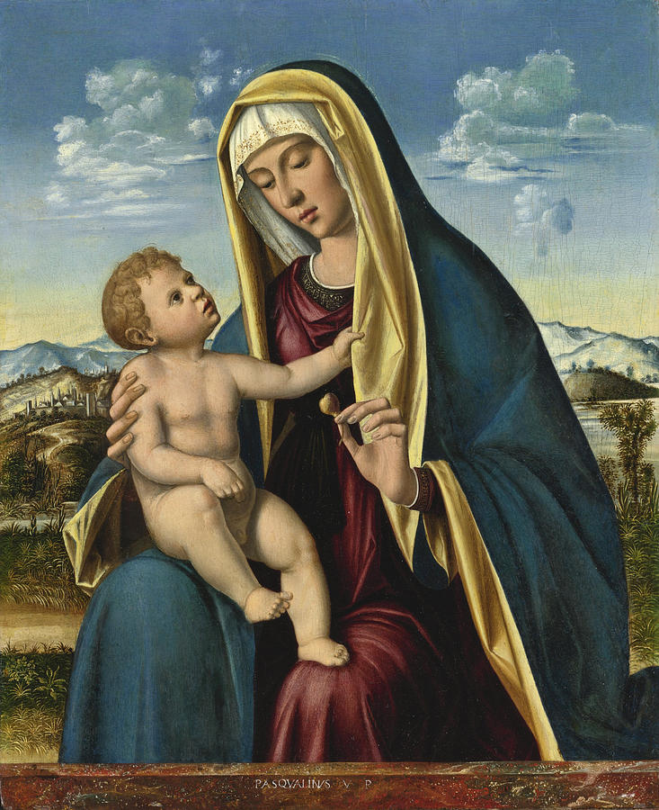 Madonna and Child before a pink granite ledge, an extensive mountainous landscape beyond Painting by Pasqualino Veneto