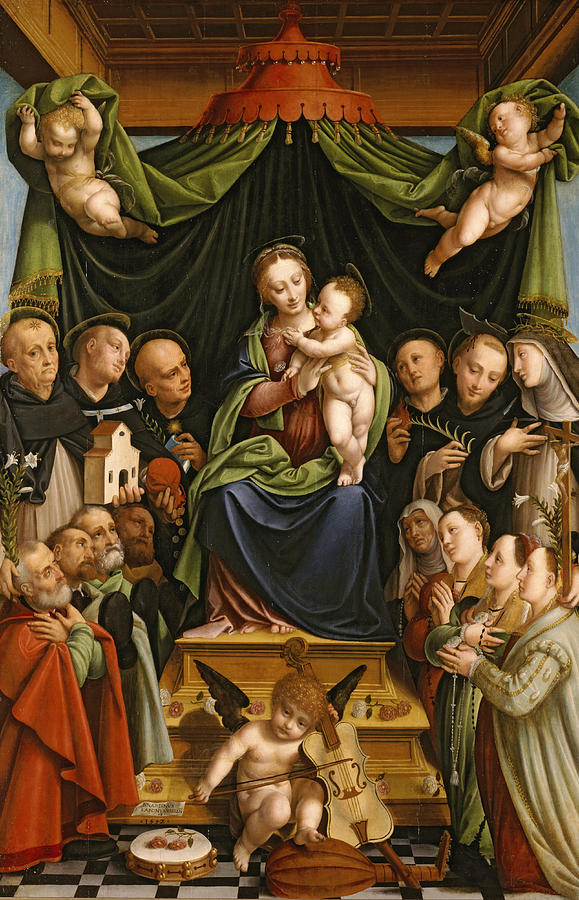 Bernardino Lanino Painting - Madonna and Child Enthroned with Saints and Donors by Bernardino Lanino