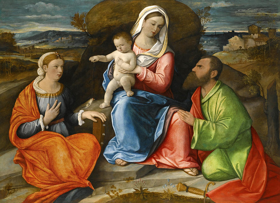 Madonna and Child with a goldfinch with Saints Catherine and Paul before an extensive Landscape Painting by Pietro degli Ingannati