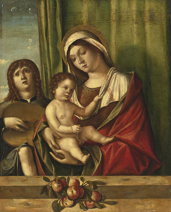 Madonna and Child with an Angel playing a Lute Painting by Nicolo Rondinelli
