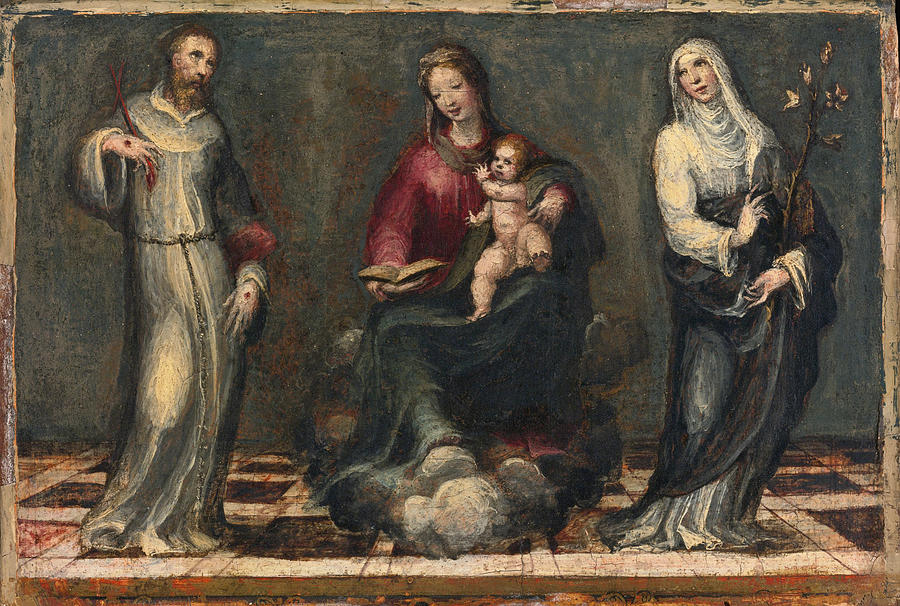 Madonna and Child with Saints Catherine and Francis of Assisi Painting by Attributed to Arcangelo Salimbeni