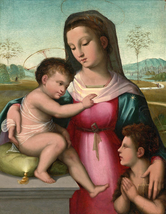 Madonna and Child with the infant Saint John the Baptist Painting by Andrea del Brescianino