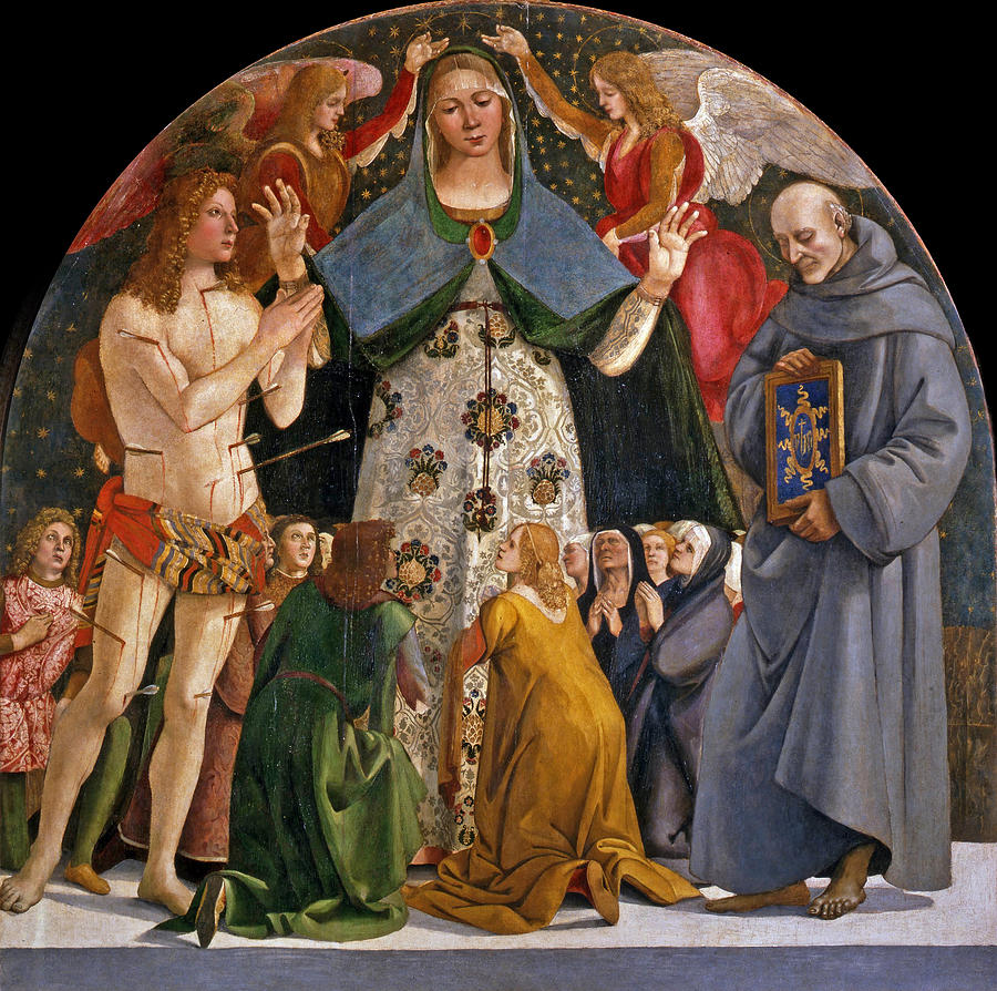 Madonna of Mercy and Saints Sebastian and Bernardino da Siena Painting by Luca Signorelli