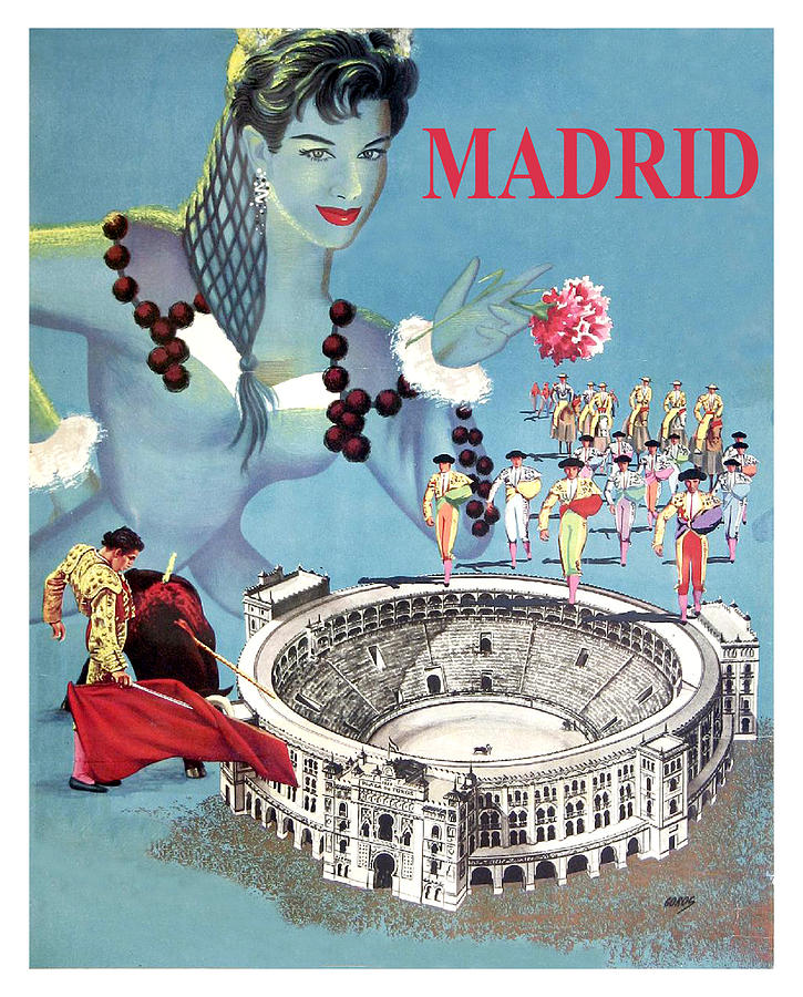 Vintage Painting - Madrid, Arena, dancing girl with flower, travel poster by Long Shot