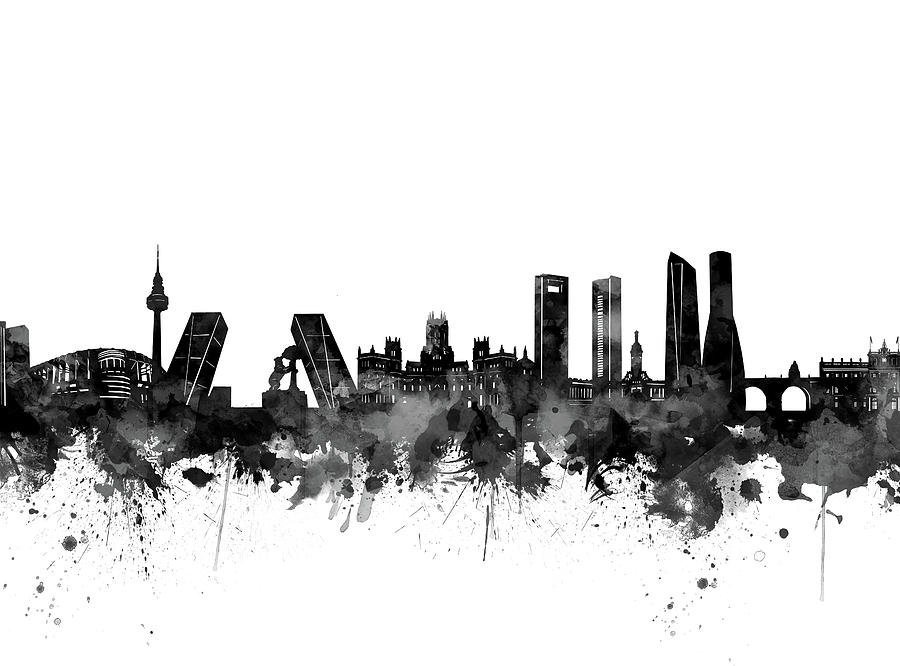 Madrid City Skyline Black And White Digital Art