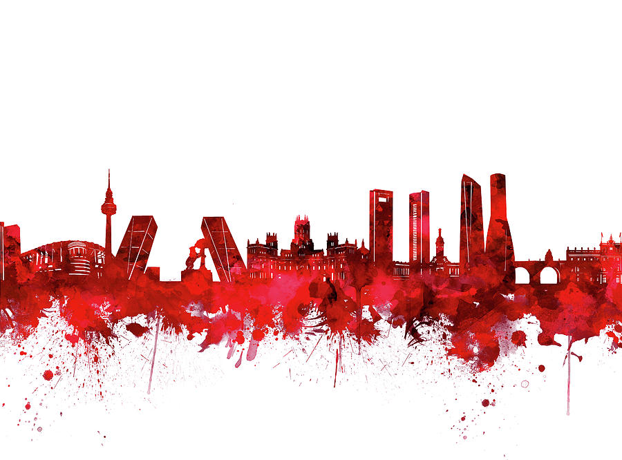 Madrid City Skyline Watercolor Red Digital Art