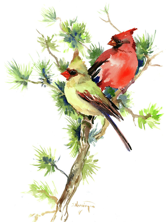 Mae and Female Cardinal Birds Painting by Suren Nersisyan
