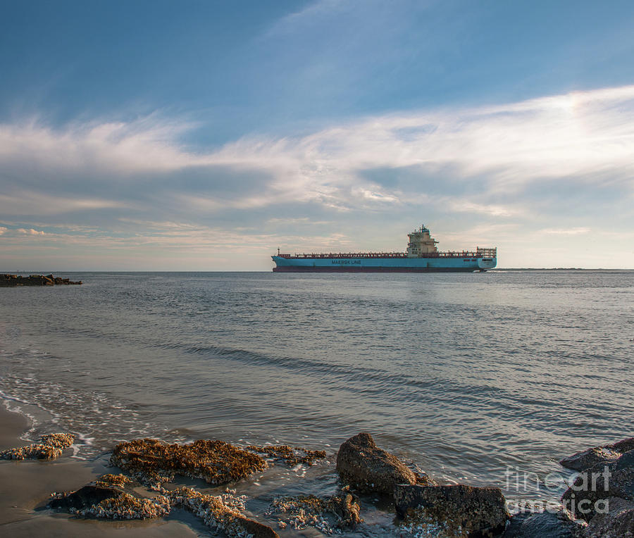 Freighter Steaming out of Charleston SC Harbor Photograph by Dale Powell