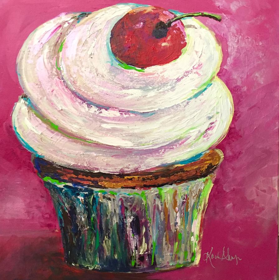 Magenta Cupcake with Cherry Painting by Karen Ahuja