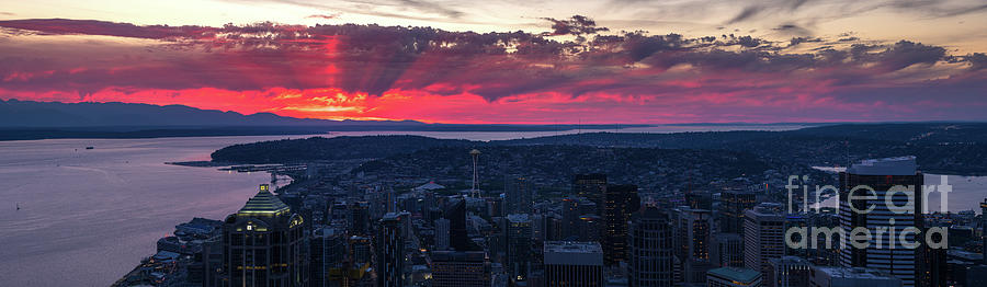 Magenta Sunrays Sunset Seattle Panorama Photograph by Mike Reid