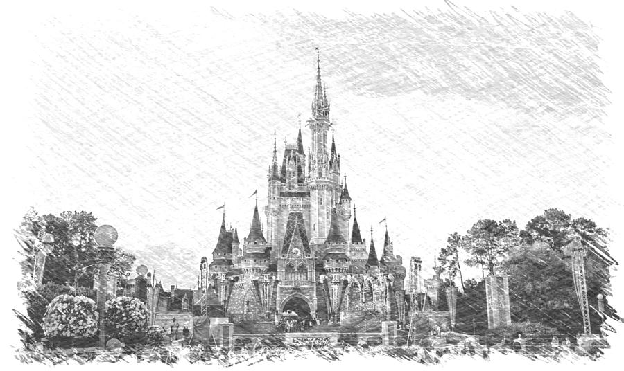 Magic Kingdom Castle In Black And White PA 01 Mixed Media by Thomas Woolworth