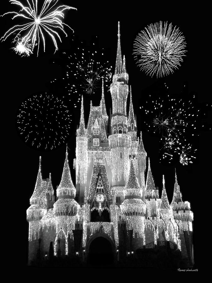 Black And White Photograph - Magic Kingdom Castle in Black and White with Fireworks Walt Disney World MP by Thomas Woolworth