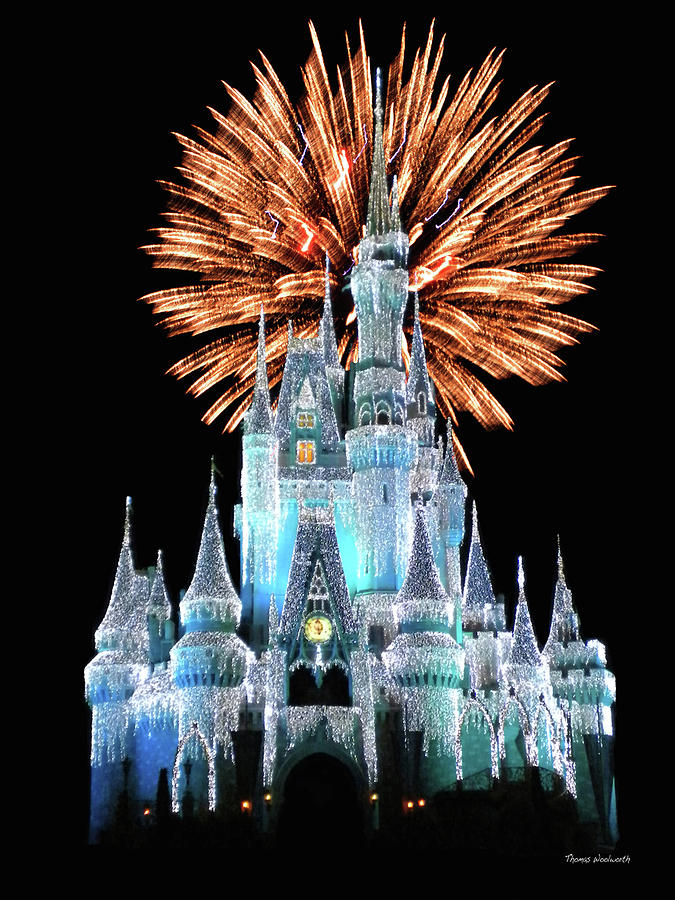 Castle Photograph - Magic Kingdom Castle In Frosty Light Blue with Fireworks 02 MP by Thomas Woolworth