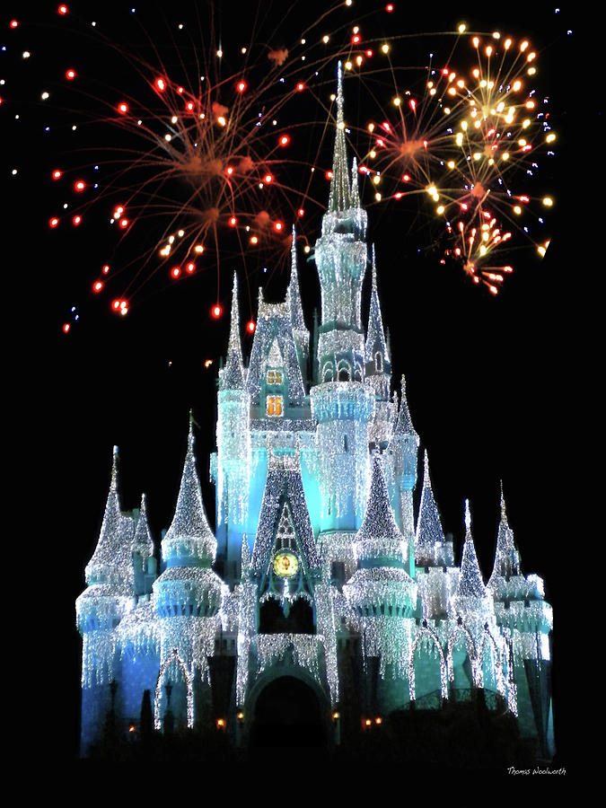 Castle Photograph - Magic Kingdom Castle In Frosty Light Blue with Fireworks 03 MP by Thomas Woolworth