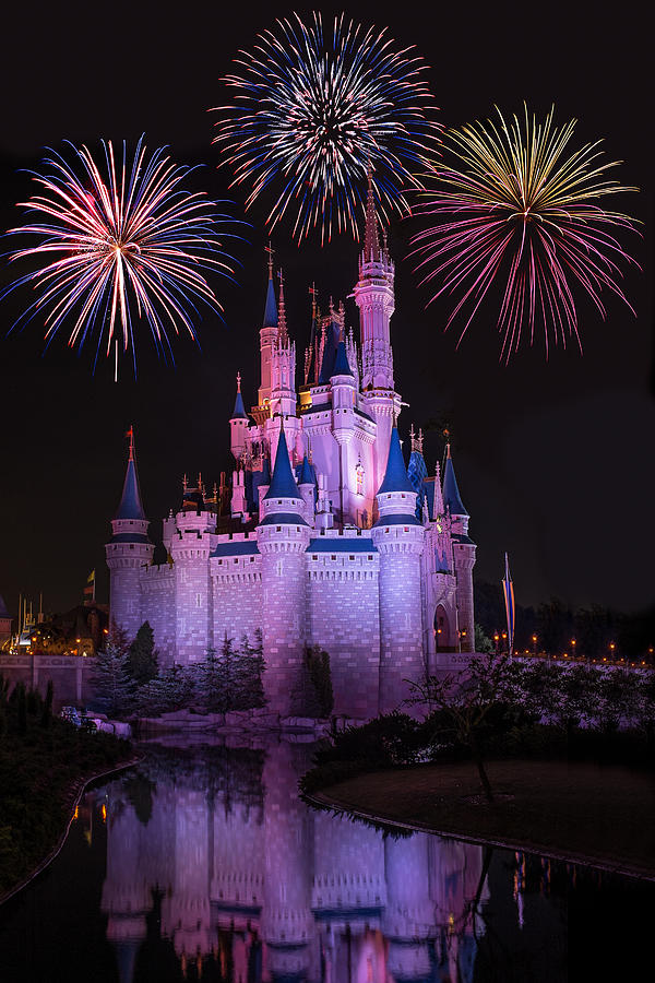 Architecture Photograph - Magic Kingdom Castle under Fireworks by Chris Bordeleau