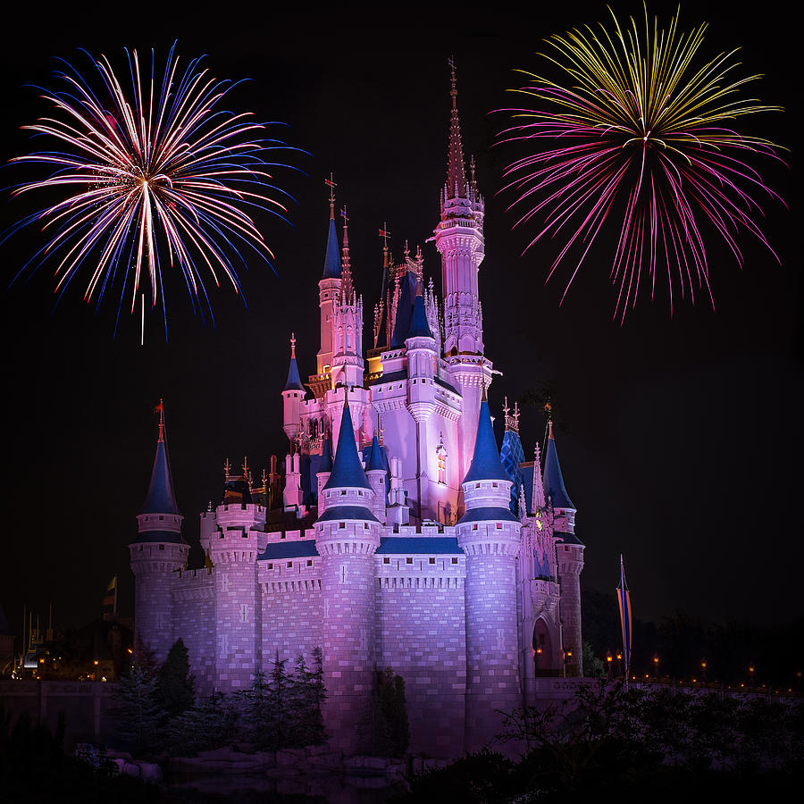 Magic Kingdom Castle under Fireworks Square Photograph by Chris Bordeleau