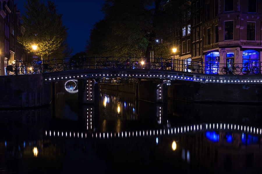 Magical Amsterdam Night - Blue White and Purple Lights Symmetry Photograph by Georgia Mizuleva