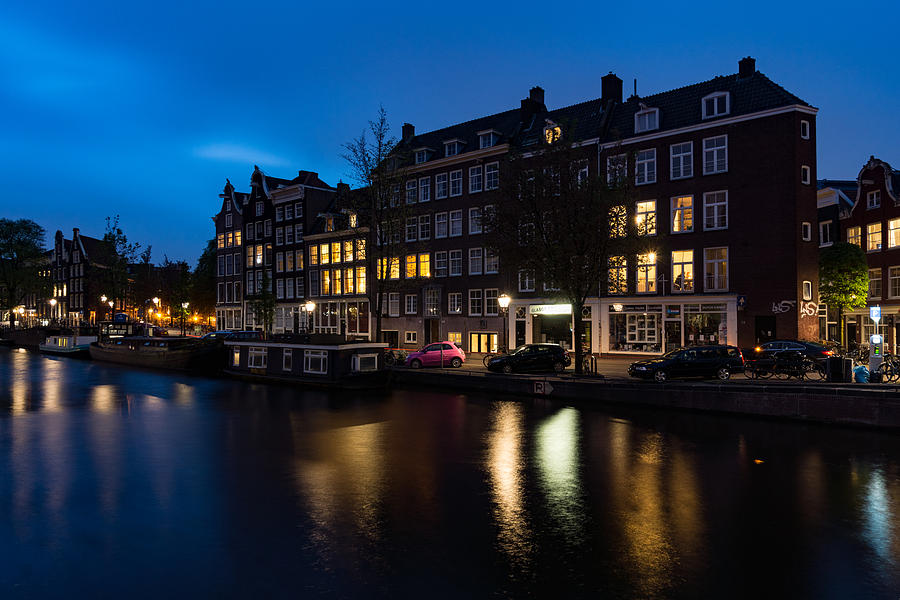 Magical Amsterdam Night - Charming Little Pink Car on the Canal Bank Photograph by Georgia Mizuleva