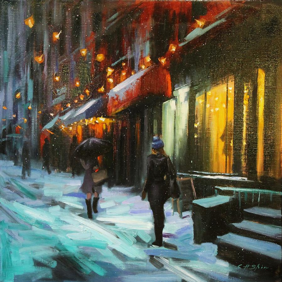 Landscape Painting - Magical Night in New York by Chin H Shin