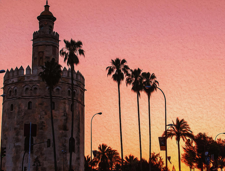 Magical Seville, Torre del Oro at Sunset Painting by AM FineArtPrints